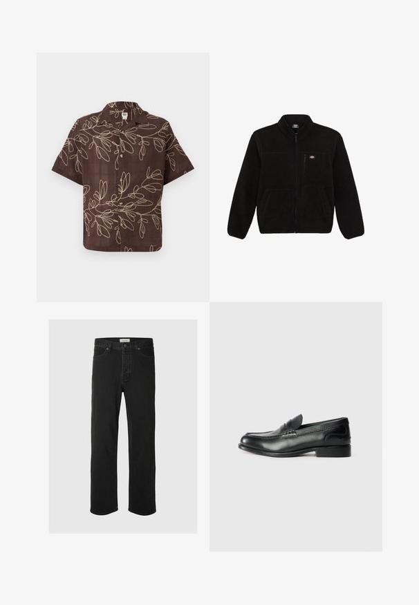 Fekete bolyhos dzseki cipzárral az elején, magas gallérral és két elülső zsebbel. Kicsi logó található a bal felső mellrészen.; Barna, rövid ujjú ing, könnyű anyagból, krém színű levélmintás hímzéssel és elől gombokkal. Oldott, laza fazon.; Fekete farmer egyenes szárú jezák klasszikus öt zsebes dizájnnal, gombos záródással, minimális varrással és puha tapintással rendelkezik.; Fekete bőr mokaszinok sima felülettel, varrott részletekkel a lábfej részen és kissé megemelt sarokkal.