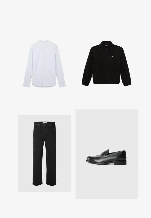 Giacca in pile nera con frontale con zip, colletto alto e due tasche anteriori a toppa. Presenta un piccolo logo sulla parte superiore sinistra del petto.; Camicia a maniche lunghe di colore azzurro chiaro con colletto alla cinese, chiusura frontale con bottoni e una tasca sul petto a sinistra. Realizzata in tessuto strutturato.; T-shirt di cotone verde lime con grafica di un uccello e un cono gelato rosa, dotata di colletto tondo semplice e maniche corte.; I jeans in denim nero a gamba dritta presentano un classico design a cinque tasche con chiusura a bottone, cuciture minime e una texture morbida.; Mocassini in pelle nera con finitura liscia, dettagli cuciti sulla parte superiore e tacco leggermente rialzato.