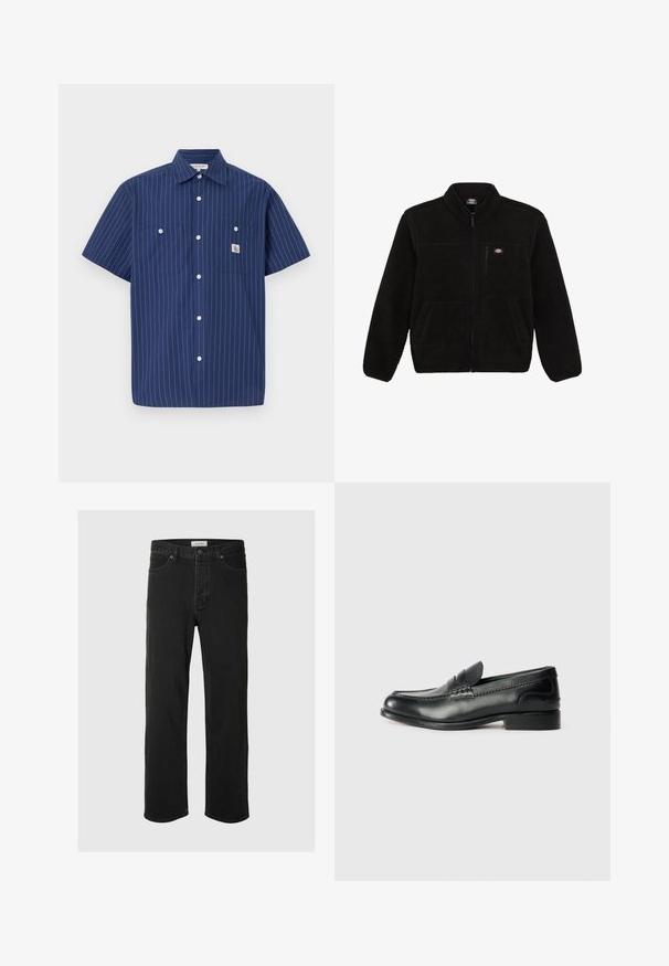 Svart fleecejakke med glidelås foran, høy krage og to frontlommer. Har en liten logo på øvre venstre bryst.; Navy kortermet skjorte med hvite vertikale striper, to brystlommer, knapplukking foran og logo-lapp på venstre lomme.; Svarte denimjeans med rett ben har et klassisk fem-lommers design, knappestengning, minimal søm og en myk tekstur.; Sorte lærloafers med en glat overflade, syede detaljer over vamps og en let hævet hæl.