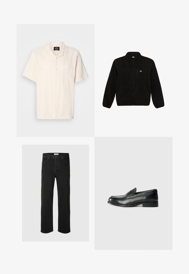 Černá fleecová bunda se zipem vpředu, vysokým límcem a dvěma předními náprsními kapsami. Obsahuje malé logo na horní levé části hrudi.; Krátký rukáv, krémová košile s texturovanou látkou, s límcem ve stylu camp, přední kapsou a knoflíkovým zapínáním na jednobarevném pozadí.; Černé džíny rovného střihu mají klasický design se pěti kapsami, zapínání na knoflík, minimální švy a jemnou texturu.; Černé kožené mokasíny s hladkým povrchem, prošívanými detaily na svršku a mírně zvýšeným podpatkem.