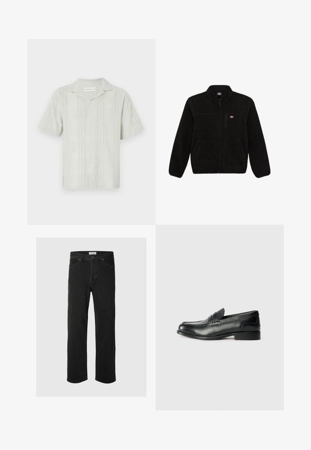 Musta fleece-takki, jossa on vetoketjullinen etuosa, korkea kaulus ja kaksi etupaneelin taskua. Takissa on pieni logo vasemmassa ylärinnassa.; Vaaleanvihreä lyhythihainen paita, joka on valmistettu teksturoidusta kankaasta. Paidassa on pystysuorat raidat, leirintä- tai avokäytäväkaulus sekä napitus edessä.; Mustat farkut suoranlahkeiset, joissa on klassinen viisi taskua -design, nappisuljenta, minimaalinen ommel ja pehmeä tekstuuri.; Mustat nahka loafersit, joissa on sileä pinta, ommeltu yksityiskohta vampin yli ja hieman kohotettu korko.