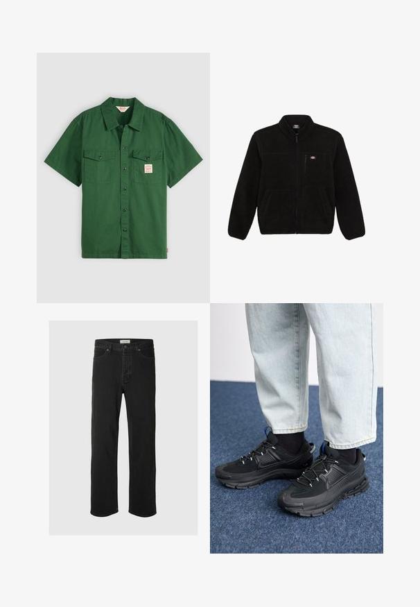 Črno flis jakno z zadrgo na sprednji strani, visokim ovratnikom in dvema sprednjima žepoma. Ima majhen logotip na zgornjem levem prsnem delu.; Kratka zeleno bombažna srajca s kratkimi rokavi, gumbom spredaj, dvema žepoma na prsih ter majhno oznako na levem žepu. Enostavna, brez vzorcev.; Limeta zelena bombažna majica z grafiko ptice in rožnato sladoledno korneto, s preprostim okroglim izrezom in kratkimi rokavi.; Črne usnjene naravne hlače imajo klasičen pet-žepni dizajn z gumbom za zapiranje, minimalnim šivanjem in mehkim občutkom.; Črne športne čevlje z teksturirano tkanino in gumijastimi podplati, ki imajo elastične vezalke ter modre poudarke na peti. Nosi se z lahkimi denim hlačami.