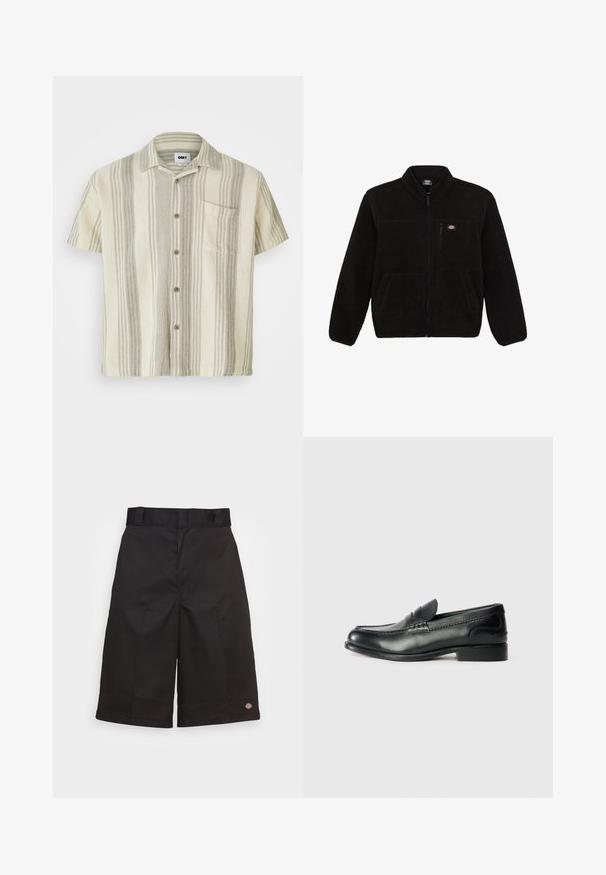 Fekete bolyhos dzseki cipzárral az elején, magas gallérral és két elülső zsebbel. Kicsi logó található a bal felső mellrészen.; Rövid ujjú gombos ing világos bézs színben, szürke függőleges csíkokkal. Mellzsebből és texturált anyagból készült.; Fekete pamut rövidnadrág egyenes szabással, térd hosszúságú, és látható márkás logóval a szegélyen, sima textúrával.; Fekete bőr mokaszinok sima felülettel, varrott részletekkel a lábfej részen és kissé megemelt sarokkal.