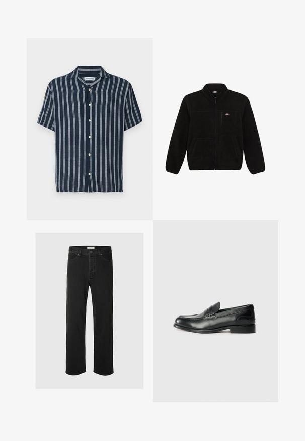 Veste en polaire noire avec une fermeture éclair à l'avant, col haut et deux poches plaquées à l'avant. Présente un petit logo sur le côté supérieur gauche de la poitrine.; Chemise à manches courtes boutonnée en bleu marine avec des rayures bleu clair. Comprend un col classique et cinq boutons à l'avant. Fabriquée en tissu léger.; Des jeans en denim noir à coupe droite disposent d'un design classique à cinq poches avec fermeture à bouton, de coutures minimales et d'une texture douce.; Mocassins en cuir noir avec une finition lisse, des détails cousus sur le devant et un talon légèrement surélevé.