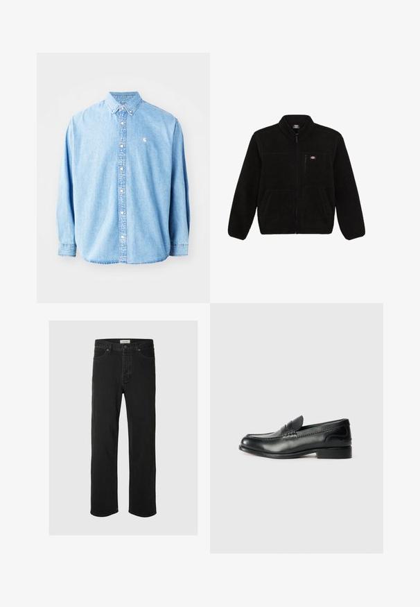 Μαύρο μπουφάν από φλις με φερμουάρ μπροστά, ψηλό κολάρο και δύο μπροστινές τσέπες με πατιλέτα. Διαθέτει ένα μικρό λογότυπο στην επάνω αριστερή πλευρά του στήθους.; Ανοιχτό μπλε τζιν πουκάμισο με κουμπιά, μακριά μανίκια, μυτερό γιακά και μικρό λογότυπο στην αριστερή πλευρά του στήθους. Διαθέτει χαλαρή εφαρμογή και κλασικό σχέδιο.; Μαύρο τζιν παντελόνι σε ίσια γραμμή με κλασικό σχέδιο πέντε τσεπών, κούμπωμα με κουμπί, ελάχιστη ραφή και μαλακή υφή.; Μαύρα δερμάτινα μοκασίνια με μαλακή υφή, ραμμένες λεπτομέρειες στη βεντάλια και ελαφρώς ανυψωμένη φτέρνα.