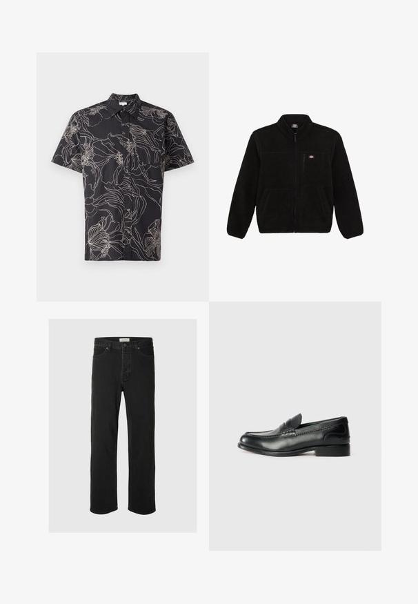 Svart fleecejakke med glidelås foran, høy krage og to frontlommer. Har en liten logo på øvre venstre bryst.; Kortsleeved svart skjorte med hvit blomstermønster, med en knapp-til-fremme og standard krage. Laget av lettvektig stoff.; Svarte denimjeans med rett ben har et klassisk fem-lommers design, knappestengning, minimal søm og en myk tekstur.; Sorte lærloafers med en glat overflade, syede detaljer over vamps og en let hævet hæl.