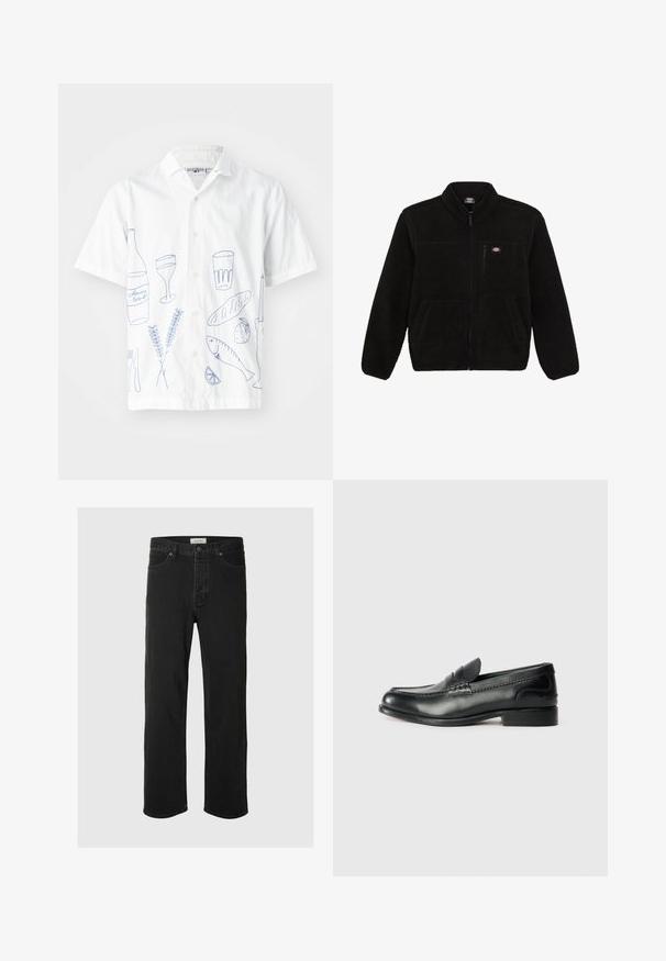 Črno flis jakno z zadrgo na sprednji strani, visokim ovratnikom in dvema sprednjima žepoma. Ima majhen logotip na zgornjem levem prsnem delu.; Bela srajca s kratkimi rokavi z modro vezenimi motivi hrane in pijače, vključno s ribo, steklenico, kozarci in priborom. Zasnova z gumbi spredaj.; Črne usnjene naravne hlače imajo klasičen pet-žepni dizajn z gumbom za zapiranje, minimalnim šivanjem in mehkim občutkom.; Črni usnjeni loafersi z gladko površino, šivanim detajlom čez vamp in rahlo dvignjenim peto.