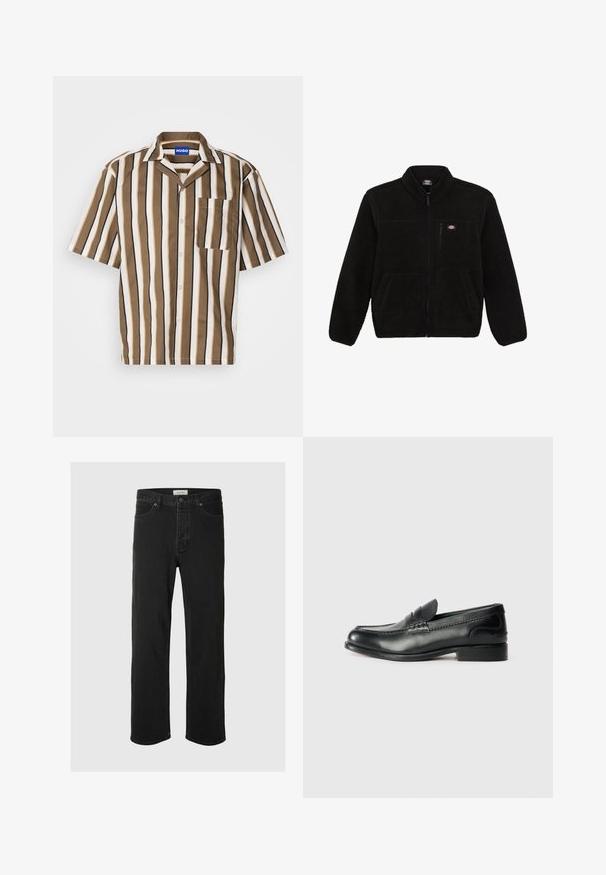 Sort fleecejakke med lynlås i front, høj krave og to frontlommer. Har et lille logo på venstre bryst.; Kortærmet skjorte med brune, beige og hvide lodrette striber. Har en klapkrave og en enkelt brystlomme. Fremstillet af glat stof.; Sorte denim straight-leg jeans har et klassisk fem-lomme design med knaplukning, minimal syning og en blød tekstur.; Sorte læder loafers med en glat overflade, syede detaljer over vamps og en let hævet hæl.