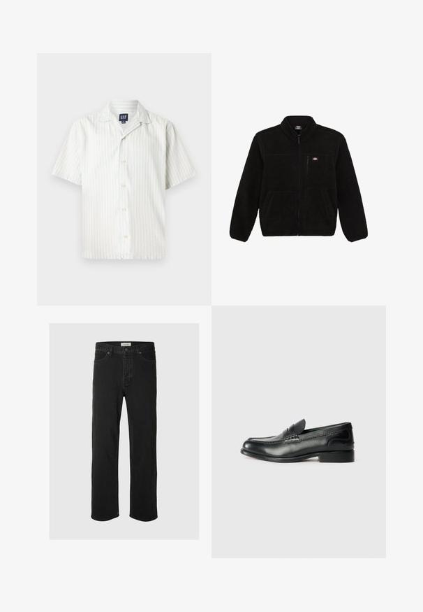 Svart fleecejacka med dragkedja framtill, hög krage och två framfickor. Har en liten logotyp på översta vänstra bröstet.; Kortärmad skjorta med knappar i ljusblått och vita vertikala ränder, tillverkad av bomullstyg, med spetskrage och framknäppning.; Svarta denimjeans med rak passform har en klassisk femficksdesign med knappstängning, minimal sömnad och en mjuk textur.; Svarta läderloafers med en slät yta, sydda detaljer över foten och en lätt upphöjd klack.