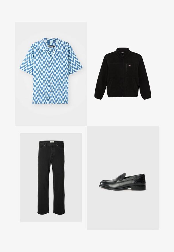 Giacca in pile nera con frontale con zip, colletto alto e due tasche anteriori a toppa. Presenta un piccolo logo sulla parte superiore sinistra del petto.; Camicia a maniche corte con bottoni in toni di blu, caratterizzata da un motivo geometrico a zigzag, realizzata in tessuto leggero. Presenta un colletto classico e una vestibilità regolare.; I jeans in denim nero a gamba dritta presentano un classico design a cinque tasche con chiusura a bottone, cuciture minime e una texture morbida.; Mocassini in pelle nera con finitura liscia, dettagli cuciti sulla parte superiore e tacco leggermente rialzato.