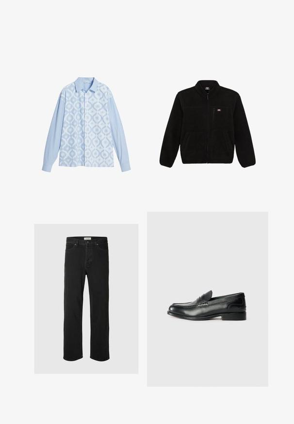 Chaqueta de forro polar negra con cierre en la parte delantera, cuello alto y dos bolsillos frontales tipo parche. Presenta un pequeño logo en la parte superior del lado izquierdo del pecho.; Camisa azul con estampado que presenta una mezcla de diseños de diamantes y rayas, con mangas largas y cuello clásico. Tejido ligero.; Los jeans rectos de mezclilla negra presentan un diseño clásico de cinco bolsillos con cierre de botón, costuras mínimas y una textura suave.; Mocasines de cuero negro con un acabado suave, detalles de costura en la parte delantera y un tacón ligeramente elevado.