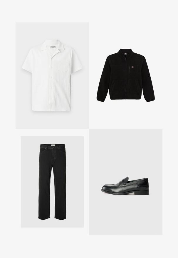 Giacca in pile nera con frontale con zip, colletto alto e due tasche anteriori a toppa. Presenta un piccolo logo sulla parte superiore sinistra del petto.; Camicia bianca a maniche corte in tessuto texturizzato, colletto aperto, taschino frontale e chiusura con bottoni. Il design è leggero e informale.; I jeans in denim nero a gamba dritta presentano un classico design a cinque tasche con chiusura a bottone, cuciture minime e una texture morbida.; Mocassini in pelle nera con finitura liscia, dettagli cuciti sulla parte superiore e tacco leggermente rialzato.