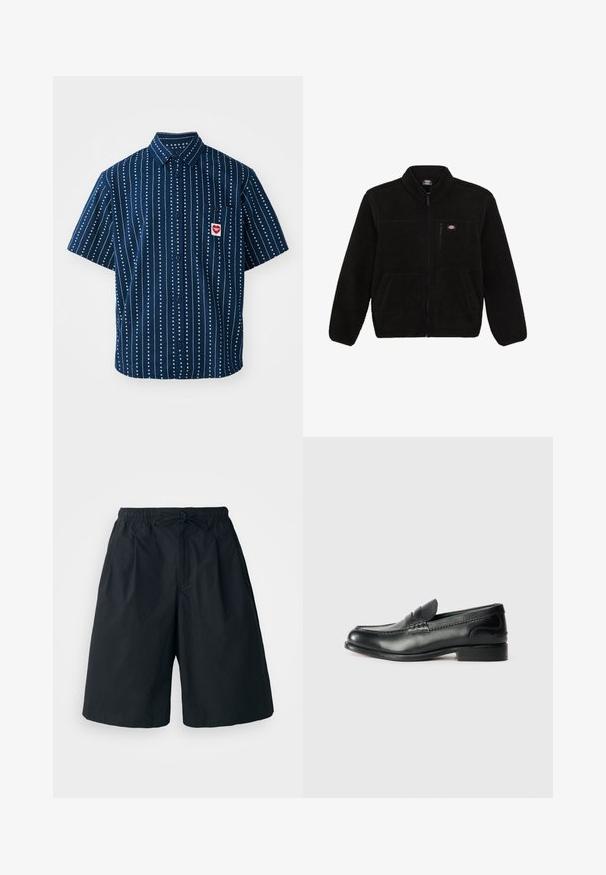Črno flis jakno z zadrgo na sprednji strani, visokim ovratnikom in dvema sprednjima žepoma. Ima majhen logotip na zgornjem levem prsnem delu.; Kratek rokav srajca z gumbi v mornarsko modrem blagu z belimi navpičnimi črtami in majhnimi srčkastimi vzorci; vsebuje žep na prsih z detajlom logotipa.; Črne kratke hlače z elastičnim pasom in nastavljivim vrvico. Narejene iz gladkega materiala, z ohlapnim krojem in brez vidnih vzorcev.; Črni usnjeni loafersi z gladko površino, šivanim detajlom čez vamp in rahlo dvignjenim peto.