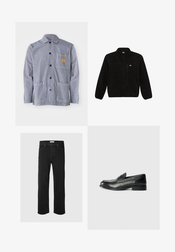 Giacca in pile nera con frontale con zip, colletto alto e due tasche anteriori a toppa. Presenta un piccolo logo sulla parte superiore sinistra del petto.; Giacca da lavoro a strisce in blu e bianco, dotata di chiusura a bottoni davanti, colletto, taschino sul petto con etichetta gialla e due tasche frontali.; I jeans in denim nero a gamba dritta presentano un classico design a cinque tasche con chiusura a bottone, cuciture minime e una texture morbida.; Mocassini in pelle nera con finitura liscia, dettagli cuciti sulla parte superiore e tacco leggermente rialzato.