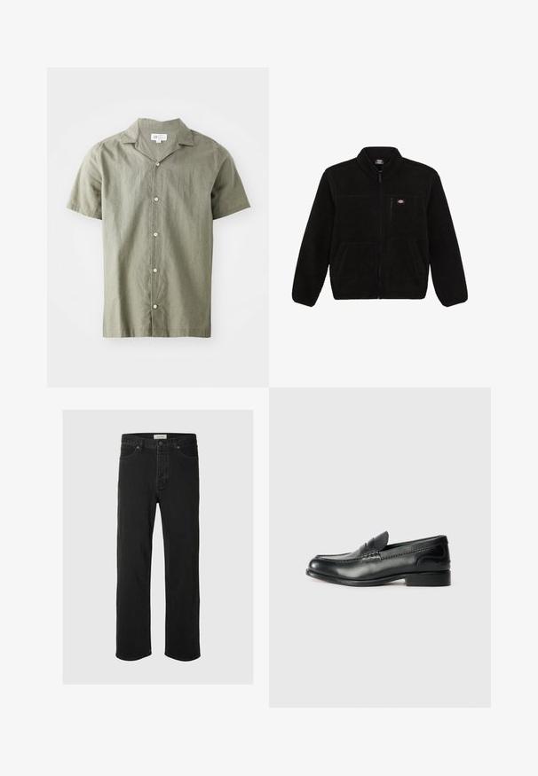 Giacca in pile nera con frontale con zip, colletto alto e due tasche anteriori a toppa. Presenta un piccolo logo sulla parte superiore sinistra del petto.; Camicia a maniche corte, con bottoni, di colore verde oliva, in tessuto leggero con colletto, dotata di cinque bottoni bianchi e una vestibilità comoda.; I jeans in denim nero a gamba dritta presentano un classico design a cinque tasche con chiusura a bottone, cuciture minime e una texture morbida.; Mocassini in pelle nera con finitura liscia, dettagli cuciti sulla parte superiore e tacco leggermente rialzato.