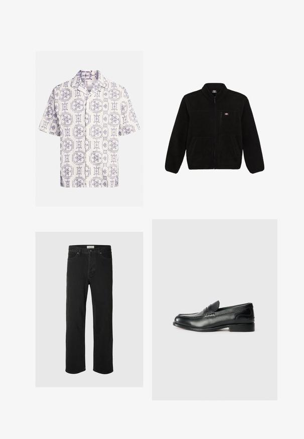 Casaco de fleece preto com fecho éclair na frente, colarinho alto e dois bolsos frontais. Apresenta um pequeno logótipo no canto superior esquerdo do peito.; Camisa de manga curta em creme e azul-marinho, com um padrão de flores e designs geométricos por toda a parte, apresentando um colarinho recortado e botões frontais.; As calças jeans de ganga preta de perna reta apresentam um design clássico de cinco bolsos, com fecho de botão, costura mínima e uma textura suave.; Mocassins de couro preto com um acabamento suave, detalhes cosidos na parte superior e um salto ligeiramente elevado.