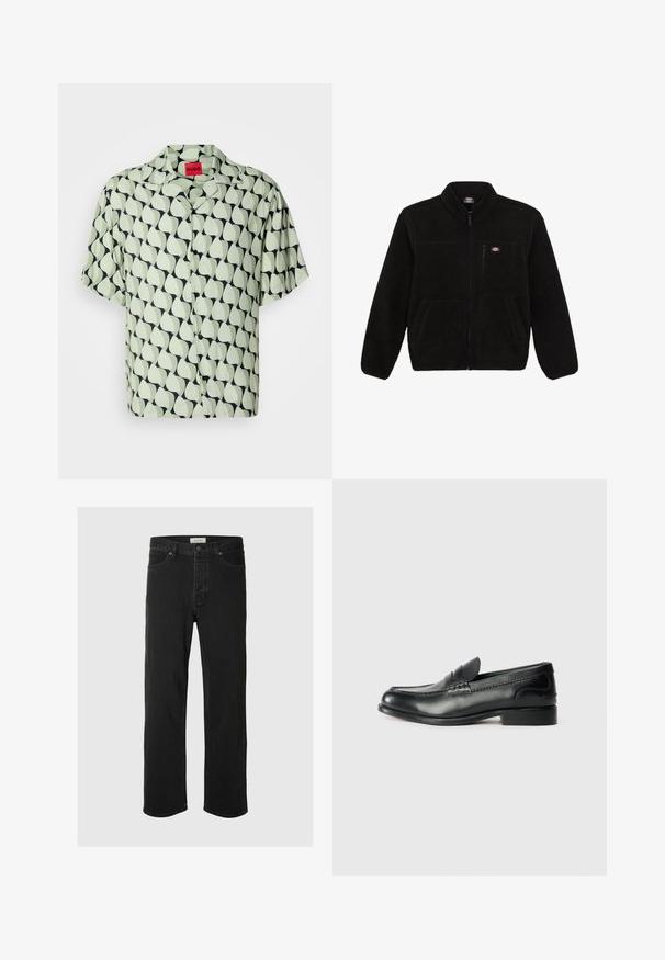 Svart fleecejacka med dragkedja framtill, hög krage och två framfickor. Har en liten logotyp på översta vänstra bröstet.; Kortärmad knäppt skjorta i ljusgrön med ett navy abstrakt bladmönster. Har krage i campingstil och svarta knappar. Slät tygtextur.; Svarta denimjeans med rak passform har en klassisk femficksdesign med knappstängning, minimal sömnad och en mjuk textur.; Svarta läderloafers med en slät yta, sydda detaljer över foten och en lätt upphöjd klack.