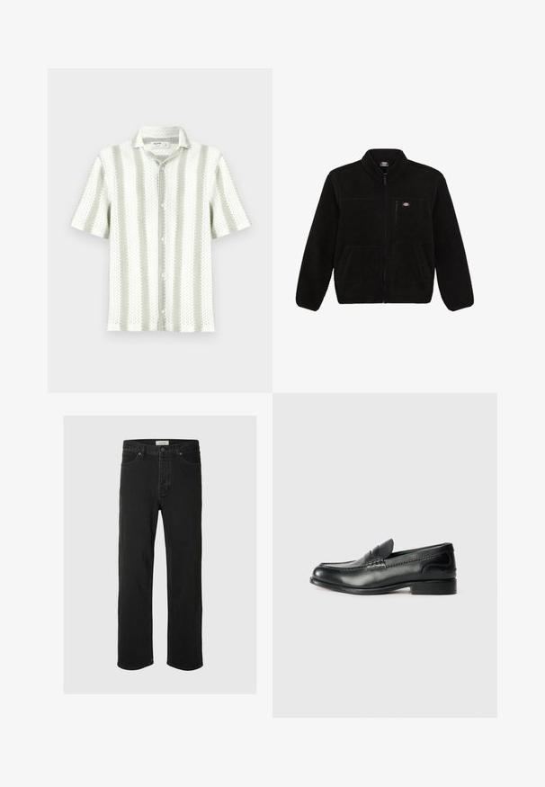 Fekete bolyhos dzseki cipzárral az elején, magas gallérral és két elülső zsebbel. Kicsi logó található a bal felső mellrészen.; Rövid ujjú ing, könnyű, texturált anyagból, zöld és fehér függőleges csíkokkal; gallérral és gombokkal az elején.; Fekete farmer egyenes szárú jezák klasszikus öt zsebes dizájnnal, gombos záródással, minimális varrással és puha tapintással rendelkezik.; Fekete bőr mokaszinok sima felülettel, varrott részletekkel a lábfej részen és kissé megemelt sarokkal.