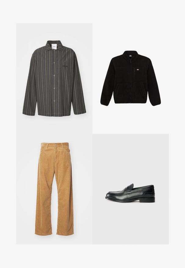 Giacca in pile nera con frontale con zip, colletto alto e due tasche anteriori a toppa. Presenta un piccolo logo sulla parte superiore sinistra del petto.; Camicia a righe grigia scura con sottili accenti verdi, dotata di colletto classico e maniche lunghe, realizzata in un tessuto morbido.; Pantaloni a gamba larga in corduroy di colore beige. Presentano righe verticali testurizzate, una vita standard e due tasche frontali.; Mocassini in pelle nera con finitura liscia, dettagli cuciti sulla parte superiore e tacco leggermente rialzato.