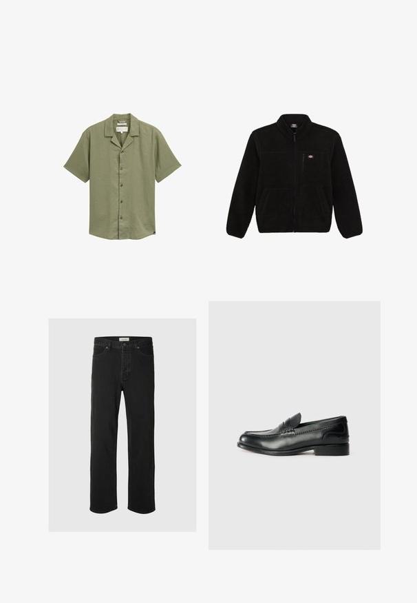 Zwarte fleecejack met een ritssluiting aan de voorkant, hoge kraag en twee voorzakken. Heeft een klein logo op de bovenste linkerborst.; Korte mouwen overhemd met knopen in olijfgroen, gemaakt van lichte stof, met een puntkraag en een subtiele textuur. Voorzien van donkere knopen.; Zwarte denim rechte jeans hebben een klassiek vijf-pocket ontwerp met knoopsluiting, minimale stiksels en een zachte textuur.; Zwarte leren instappers met een gladde afwerking, gestikte details over de bovenkant en een licht verhoogde hak.