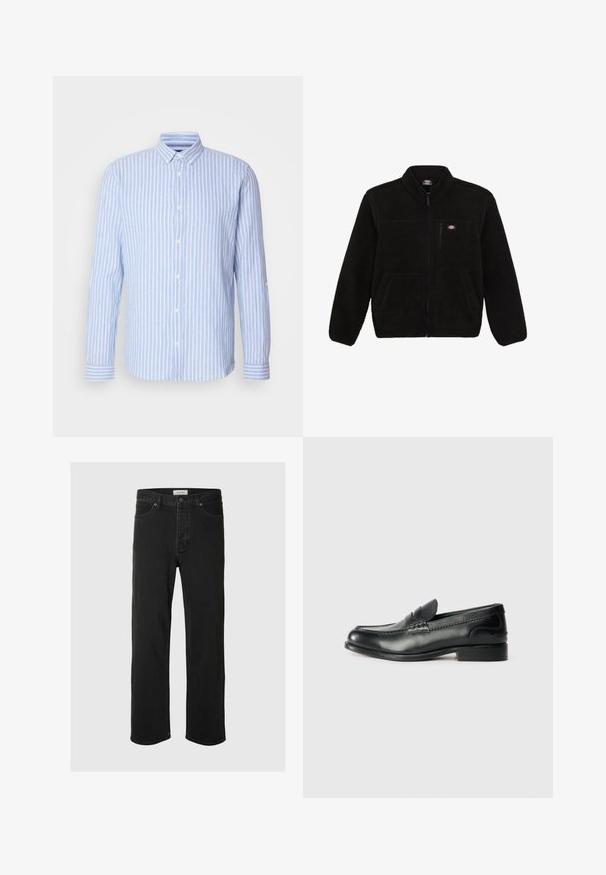 Juoda vilnonė striukė su užtrauktuku priekyje, aukštu kaklu ir dviem priekinėmis kišenėmis. Yra mažas logotipas ant kairiojo krūtinės šono.; Šviesiai mėlynas ir baltas juostuotas ilgomis rankovėmis marškinis su knyginiais apykaklėmis, turintis priekinę plokštelę su baltais mygtukais ir rankogalių akcentais.; Juodos džinsinės tiesaus silueto kelnės turi klasiką penkių kišenių dizainą su mygtukų uždarymu, minimaliais siūlais ir minkšta tekstūra.; Juodos odinės loafer tipo bateliai su lygiu paviršiumi, siuvinėjimu per priekį ir šiek tiek pakelta pakulne.