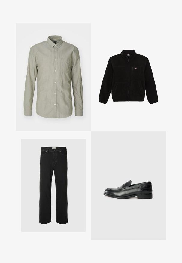 Zwarte fleecejack met een ritssluiting aan de voorkant, hoge kraag en twee voorzakken. Heeft een klein logo op de bovenste linkerborst.; Lichtgroene, langarm overhemd met knoopsluiting, gemaakt van katoen. Beschikt over een kraag, een borstzak en een knoopsluiting aan de voorkant. Soepele textuur.; Zwarte denim rechte jeans hebben een klassiek vijf-pocket ontwerp met knoopsluiting, minimale stiksels en een zachte textuur.; Zwarte leren instappers met een gladde afwerking, gestikte details over de bovenkant en een licht verhoogde hak.