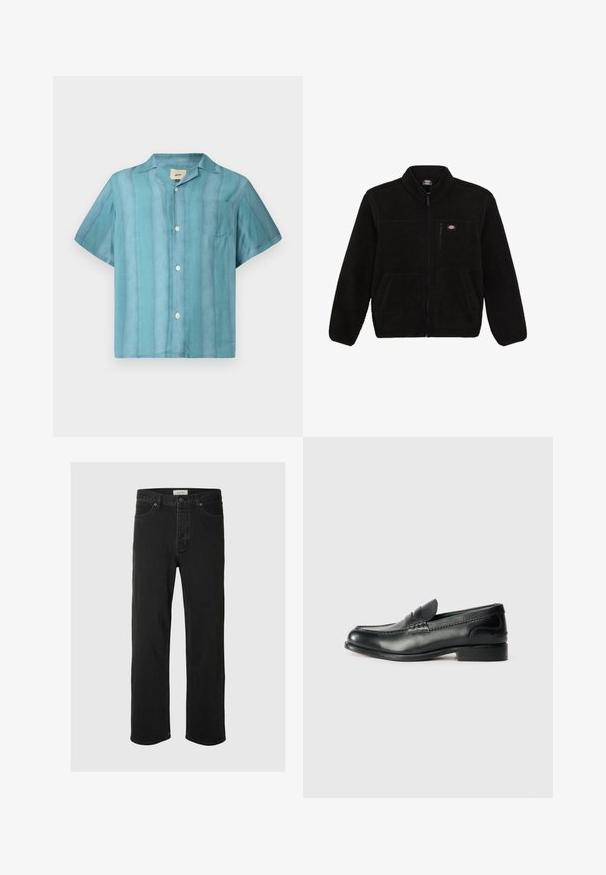 Svart fleecejakke med glidelås foran, høy krage og to frontlommer. Har en liten logo på øvre venstre bryst.; Kortermet skjorte med knapper i gradientteal nyanser, med brystlomme og spredt krage, vises mot en hvit bakgrunn.; Svarte denimjeans med rett ben har et klassisk fem-lommers design, knappestengning, minimal søm og en myk tekstur.; Sorte lærloafers med en glat overflade, syede detaljer over vamps og en let hævet hæl.