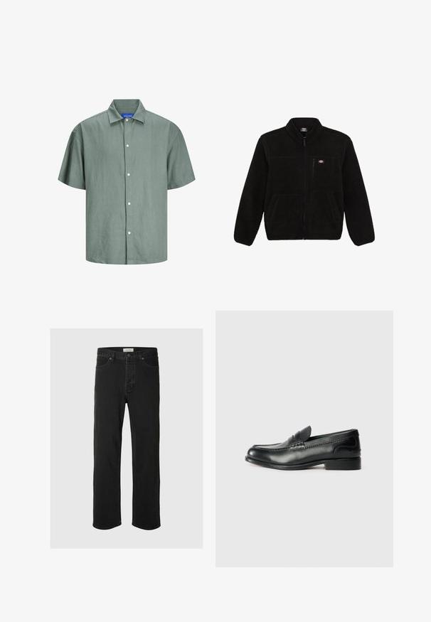 Giacca in pile nera con frontale con zip, colletto alto e due tasche anteriori a toppa. Presenta un piccolo logo sulla parte superiore sinistra del petto.; Camicia verde a maniche corte con bottoni, realizzata in tessuto leggero. Caratterizzata da un colletto classico e bottoni bianchi davanti. Design casual.; I jeans in denim nero a gamba dritta presentano un classico design a cinque tasche con chiusura a bottone, cuciture minime e una texture morbida.; Mocassini in pelle nera con finitura liscia, dettagli cuciti sulla parte superiore e tacco leggermente rialzato.