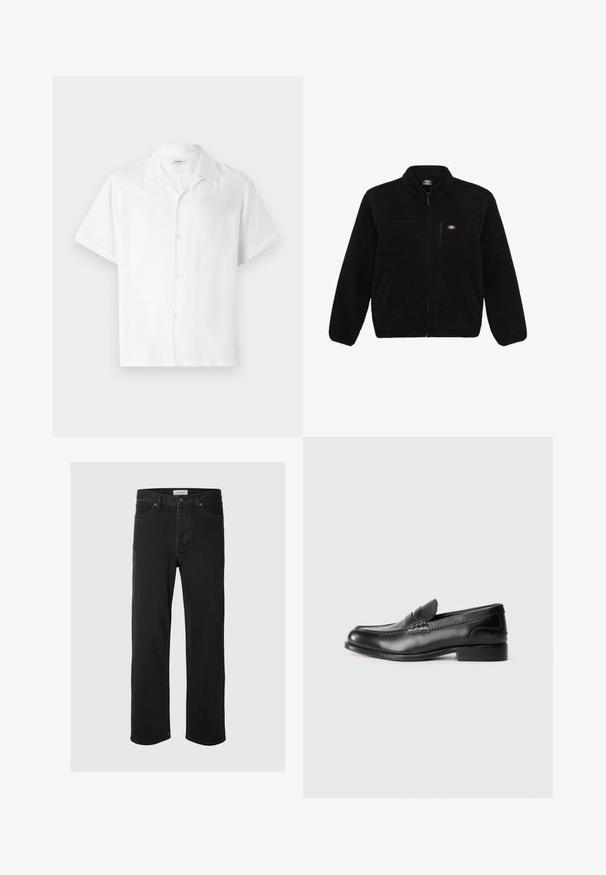 Čierna fleecová bunda so zipsom v prednej časti, vysokým golierom a dvoma prednými vreckami. Obsahuje malé logo na hornej ľavej časti hrude.; Biela košeľa s krátkym rukávom z hladkej látky, s golierom a zapínaním na päť gombíkov.; Čierne džínsové nohavice so rovnými nohavicami majú klasický dizajn s piatimi vreckami, zapínaním na gombík, minimálnym prešívaním a jemnou textúrou.; Čierne kožené loafers s hladkým povrchom, prešívaním cez vampus a mierne vyvýšeným podpätkom.