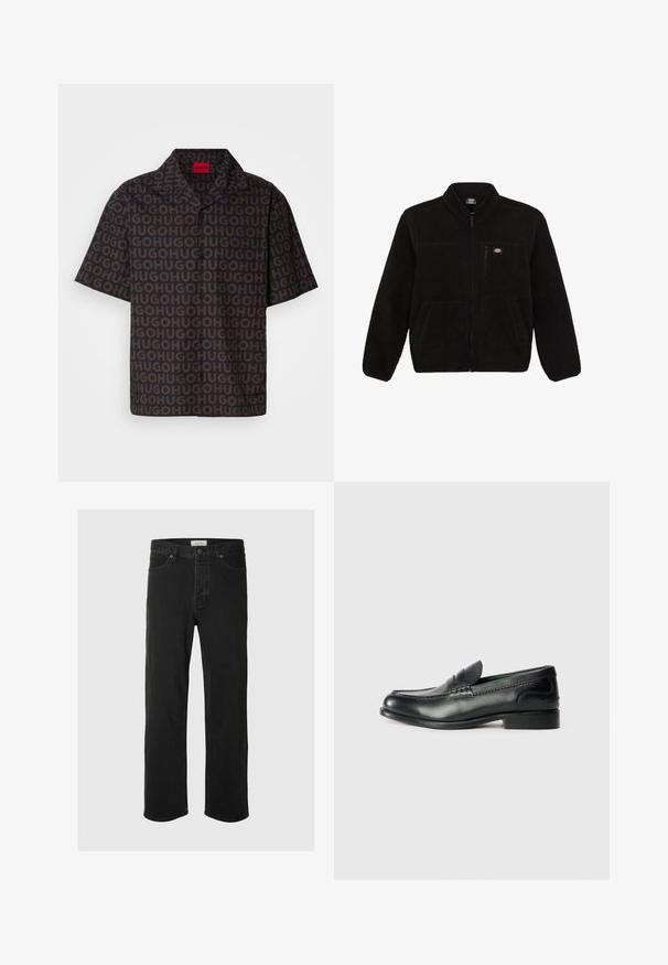 Čierna fleecová bunda so zipsom v prednej časti, vysokým golierom a dvoma prednými vreckami. Obsahuje malé logo na hornej ľavej časti hrude.; Košeľa s krátkym rukávom z tmavého materiálu s opakujúcim sa vzorom "HUGO", s golierom, čiernymi gombíkmi a červenou značkou značky vo vnútri goliera.; Čierne džínsové nohavice so rovnými nohavicami majú klasický dizajn s piatimi vreckami, zapínaním na gombík, minimálnym prešívaním a jemnou textúrou.; Čierne kožené loafers s hladkým povrchom, prešívaním cez vampus a mierne vyvýšeným podpätkom.