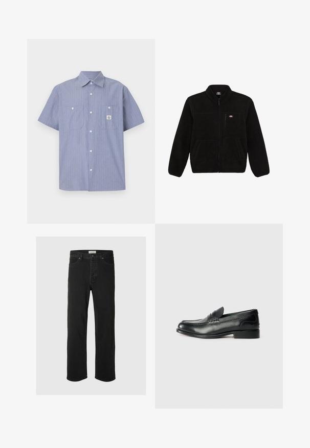 Svart fleecejakke med glidelås foran, høy krage og to frontlommer. Har en liten logo på øvre venstre bryst.; Kortermet skjorte med knapper i lys blå med hvite og oransje vertikale striper, med to brystlommer og et merketikett.; Svarte denimjeans med rett ben har et klassisk fem-lommers design, knappestengning, minimal søm og en myk tekstur.; Sorte lærloafers med en glat overflade, syede detaljer over vamps og en let hævet hæl.