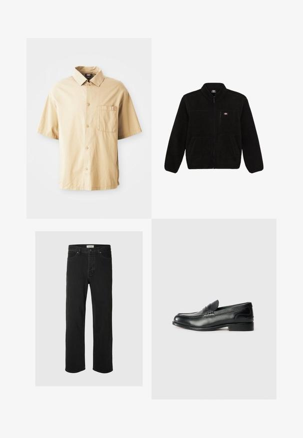 Giacca in pile nera con frontale con zip, colletto alto e due tasche anteriori a toppa. Presenta un piccolo logo sulla parte superiore sinistra del petto.; Camicia beige a maniche corte con colletto a punta, chiusura frontale con bottoni, taschino sul petto e un piccolo logo ricamato sulla tasca.; I jeans in denim nero a gamba dritta presentano un classico design a cinque tasche con chiusura a bottone, cuciture minime e una texture morbida.; Mocassini in pelle nera con finitura liscia, dettagli cuciti sulla parte superiore e tacco leggermente rialzato.