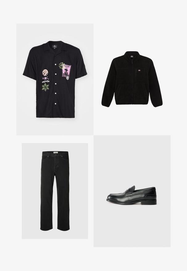 Sort fleecejakke med lynlås i front, høj krave og to frontlommer. Har et lille logo på venstre bryst.; Kortærmet sort skjorte med forskellige farvede grafiske prints, herunder et pink stempel-design og grønne detaljer, med knaplukning foran.; Sorte denim straight-leg jeans har et klassisk fem-lomme design med knaplukning, minimal syning og en blød tekstur.; Sorte læder loafers med en glat overflade, syede detaljer over vamps og en let hævet hæl.