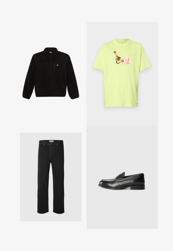 Black fleece jacket with a zippered front, high collar, and two front patch pockets. Features a small logo on the upper left chest.; Lime green cotton T-shirt featuring a graphic of a bird and a pink ice cream cone, with a simple crew neck and short sleeves.; Black denim straight-leg jeans feature a classic five-pocket design with button closure, minimal stitching, and a soft texture.; Black leather loafers featuring a smooth finish, stitched detailing across the vamp, and a slightly raised heel.