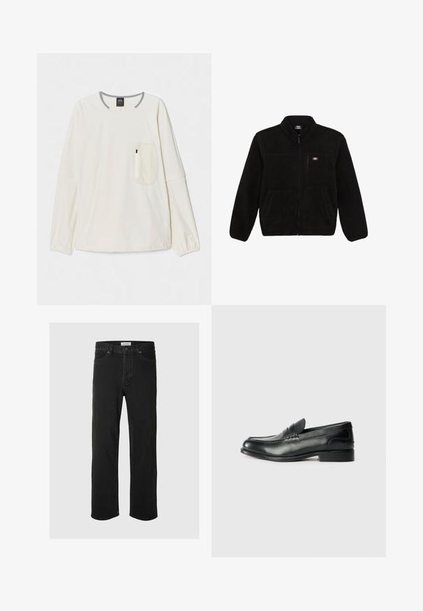 Melnā flīsa jaka ar ar rāvējslēdzēju priekšā, augstu apkakli un divām priekšējām kabatām. Iekļauta neliela logo augšējā kreisajā krūšu daļā.; Gara piedurkne krekls off-white audumā ar pelēku kaklu un akcentiem. Ar priekšējo krūšu kabatu ar rāvējslēdzēju. Mīksta tekstūra.; Melna denima taisna piegriezuma bikses ar klasisku piecu kabatu dizainu, poga aizdari, minimāls šuvju skaits un mīksta tekstūra.; Melnas ādas loafers ar gludu apdari, izšūtiem detaļām pa vampu un nedaudz paceltu papēdi.