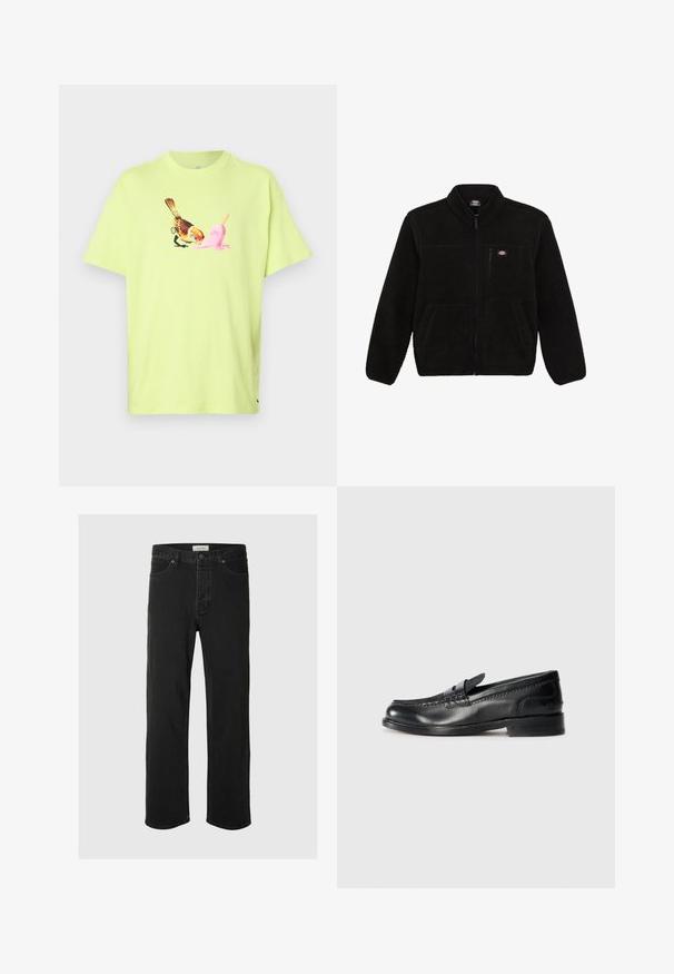 Black fleece jacket with a zippered front, high collar, and two front patch pockets. Features a small logo on the upper left chest.; Lime green cotton T-shirt featuring a graphic of a bird and a pink ice cream cone, with a simple crew neck and short sleeves.; Black denim straight-leg jeans feature a classic five-pocket design with button closure, minimal stitching, and a soft texture.; Black leather loafer with stitching detail along the upper and a decorative band. Features a low stacked heel and smooth finish.