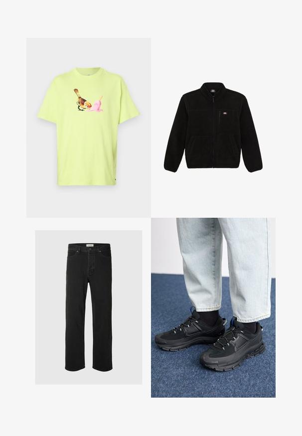 Sort fleecejakke med lynlås i front, høj krave og to frontlommer. Har et lille logo på venstre bryst.; Limegrøn bomulds T-shirt med et grafisk motiv af en fugl og en lyserød isvaffel, med en simpel rund hals og korte ærmer.; Sorte denim straight-leg jeans har et klassisk fem-lomme design med knaplukning, minimal syning og en blød tekstur.; Sorte træningssko med tekstureret stof og gummisåler, udstyret med elastiske snørebånd og en blå detalje på hælen. Bæres med lyse denimbukser.