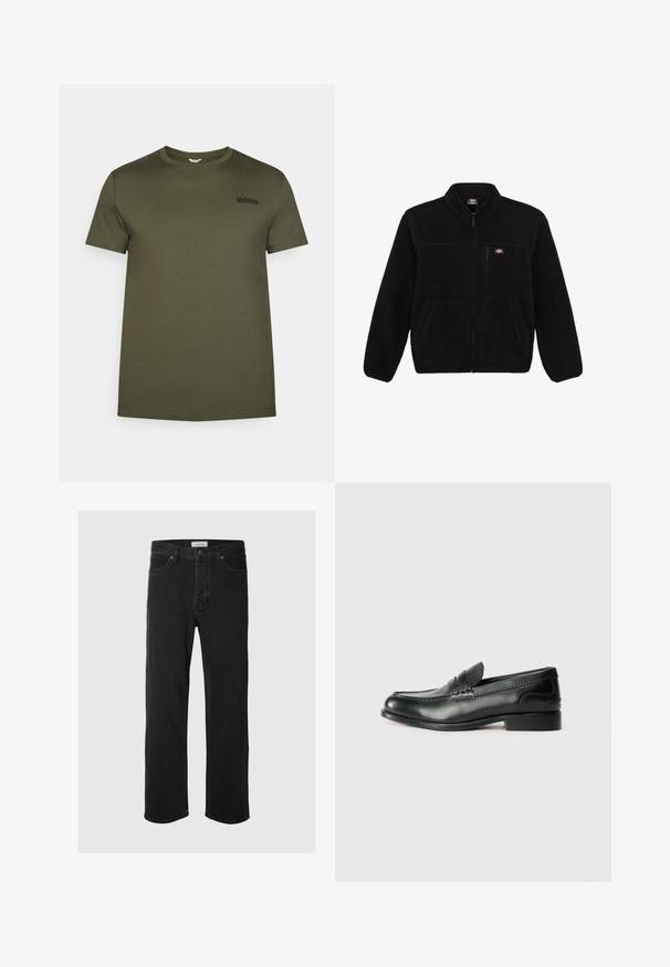 Casaco de fleece preto com fecho éclair na frente, colarinho alto e dois bolsos frontais. Apresenta um pequeno logótipo no canto superior esquerdo do peito.; Camiseta de algodão verde-oliva com gola redonda, mangas curtas e um discreto bordado em preto da palavra "BORG" no peito.; As calças jeans de ganga preta de perna reta apresentam um design clássico de cinco bolsos, com fecho de botão, costura mínima e uma textura suave.; Mocassins de couro preto com um acabamento suave, detalhes cosidos na parte superior e um salto ligeiramente elevado.