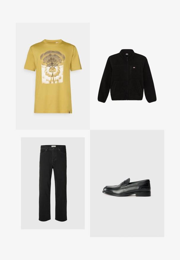 Melnā flīsa jaka ar ar rāvējslēdzēju priekšā, augstu apkakli un divām priekšējām kabatām. Iekļauta neliela logo augšējā kreisajā krūšu daļā.; Dzeltena kokvilnas T-krekls ar centrālo grafisko dizainu, kas ietver noapaļotas formas un ziedu rakstu pelēkā un baltā krāsā. Īsas piedurknes, apaļa kakla izgriezums.; Melna denima taisna piegriezuma bikses ar klasisku piecu kabatu dizainu, poga aizdari, minimāls šuvju skaits un mīksta tekstūra.; Melnas ādas loafers ar gludu apdari, izšūtiem detaļām pa vampu un nedaudz paceltu papēdi.