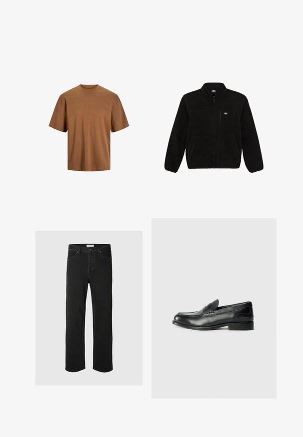 Czarna polarowa kurtka z zamkiem błyskawicznym z przodu, wysokim kołnierzem i dwoma przednimi kieszeniami naszytymi. Posiada małe logo na górnej lewej piersi.; Brązowy t-shirt z krótkim rękawem wykonany z bawełny. Posiada klasyczny okrągły dekolt i luźny krój o gładkiej fakturze, bez widocznych ozdób.; Czarne dżinsy straight-leg cechują się klasycznym pięciopocketowym wzorem, z zapięciem na guzik, minimalnym przeszyciem oraz miękką teksturą.; Czarne skórzane mokasyny z gładkim wykończeniem, haftowanymi detalami wzdłuż przodu buta oraz lekko podniesionym obcasem.