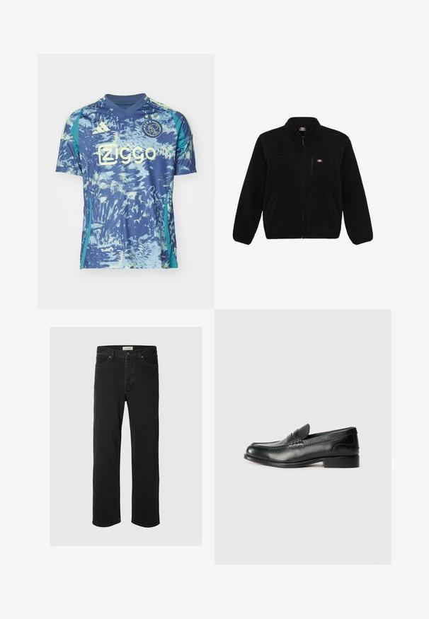 Svart fleecejakke med glidelås foran, høy krage og to frontlommer. Har en liten logo på øvre venstre bryst.; Blå fotballskjorte med abstrakte, lyseblå og gule mønstre, kortermet, v-halsdesign, har Adidas-logo og klubbmerke.; Svarte denimjeans med rett ben har et klassisk fem-lommers design, knappestengning, minimal søm og en myk tekstur.; Sorte lærloafers med en glat overflade, syede detaljer over vamps og en let hævet hæl.