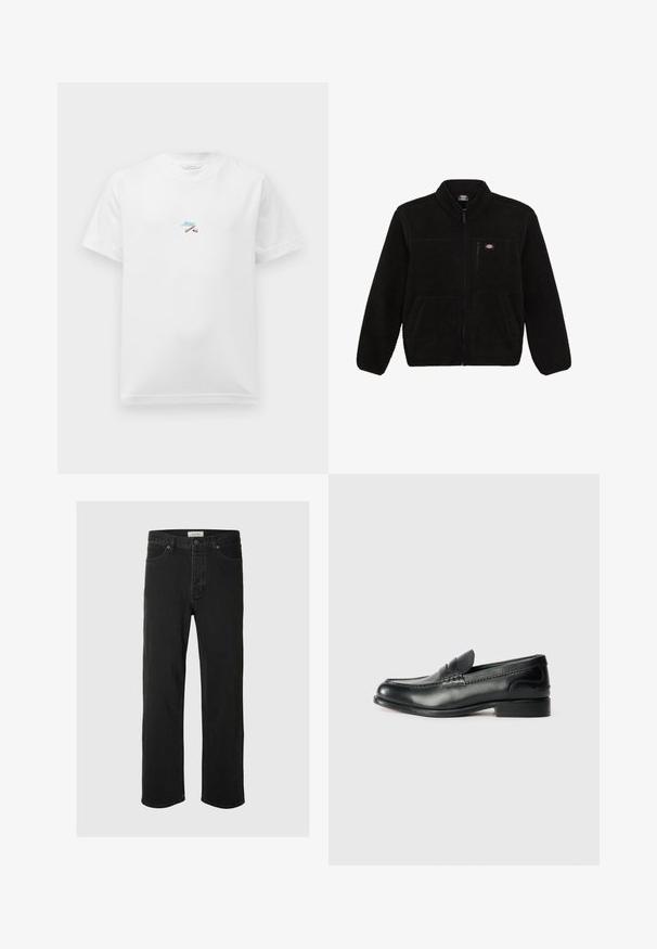 Melnā flīsa jaka ar ar rāvējslēdzēju priekšā, augstu apkakli un divām priekšējām kabatām. Iekļauta neliela logo augšējā kreisajā krūšu daļā.; Balds īsām piedurknēm T-krekls ar nelielu krāsainu izšuvumu ar krusteniskām zizlām un zilu slīpraksta tekstu vidū uz krūtīm.; Melna denima taisna piegriezuma bikses ar klasisku piecu kabatu dizainu, poga aizdari, minimāls šuvju skaits un mīksta tekstūra.; Melnas ādas loafers ar gludu apdari, izšūtiem detaļām pa vampu un nedaudz paceltu papēdi.