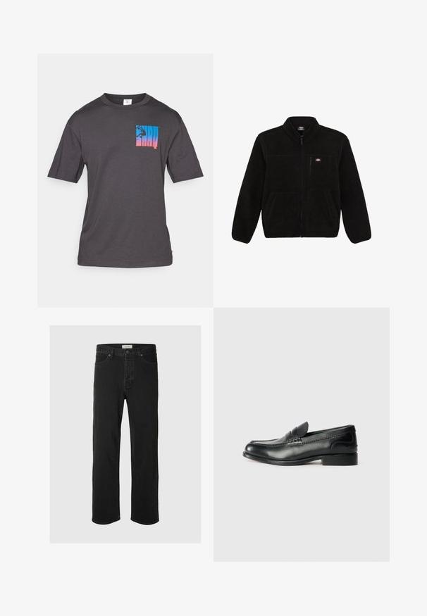 Juoda vilnonė striukė su užtrauktuku priekyje, aukštu kaklu ir dviem priekinėmis kišenėmis. Yra mažas logotipas ant kairiojo krūtinės šono.; Pilkos spalvos marškiniai su trumpomis rankovėmis, turintys daugiaspalvį grafikos logotipą. Minkšta medvilnė; atsipalaidavęs siluetas. Kvadratinis logotipas su mėlynos ir rožinės spalvų gradientu.; Juodos džinsinės tiesaus silueto kelnės turi klasiką penkių kišenių dizainą su mygtukų uždarymu, minimaliais siūlais ir minkšta tekstūra.; Juodos odinės loafer tipo bateliai su lygiu paviršiumi, siuvinėjimu per priekį ir šiek tiek pakelta pakulne.