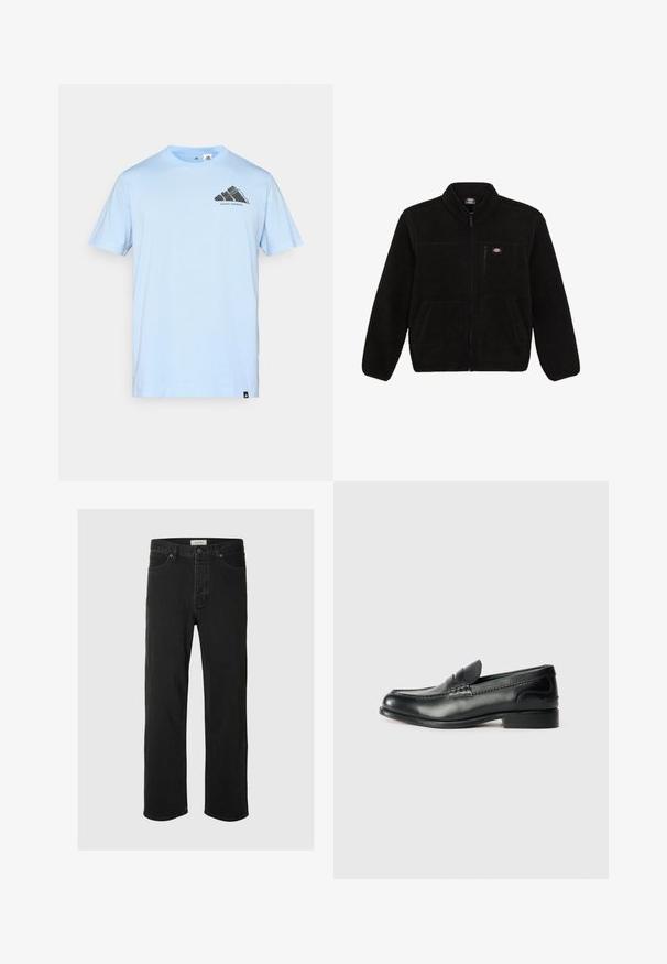 Juoda vilnonė striukė su užtrauktuku priekyje, aukštu kaklu ir dviem priekinėmis kišenėmis. Yra mažas logotipas ant kairiojo krūtinės šono.; adidas Performance Sportiniai marškinėliai trumpomis rankovėmis - glow blue; Juodos džinsinės tiesaus silueto kelnės turi klasiką penkių kišenių dizainą su mygtukų uždarymu, minimaliais siūlais ir minkšta tekstūra.; Juodos odinės loafer tipo bateliai su lygiu paviršiumi, siuvinėjimu per priekį ir šiek tiek pakelta pakulne.
