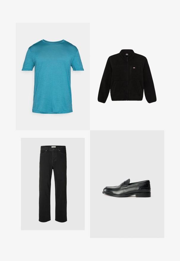 Černá fleecová bunda se zipem vpředu, vysokým límcem a dvěma předními náprsními kapsami. Obsahuje malé logo na horní levé části hrudi.; Tyrkysové tričko s krátkým rukávem vyrobené z lehkého materiálu. Klasický kulatý výstřih, hladká textura a jemný melírovaný vzor po celém povrchu.; Černé džíny rovného střihu mají klasický design se pěti kapsami, zapínání na knoflík, minimální švy a jemnou texturu.; Černé kožené mokasíny s hladkým povrchem, prošívanými detaily na svršku a mírně zvýšeným podpatkem.