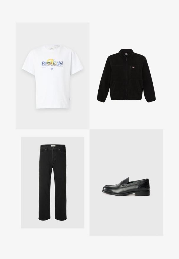 Melnā flīsa jaka ar ar rāvējslēdzēju priekšā, augstu apkakli un divām priekšējām kabatām. Iekļauta neliela logo augšējā kreisajā krūšu daļā.; Baltas kokvilnas t-krekls ar grafisku apdruku, kurā ir teksts "PEPE JEANS LONDON" un citrona ilustrācija. Īsām piedurknēm un brīvu piegriezumu.; Melna denima taisna piegriezuma bikses ar klasisku piecu kabatu dizainu, poga aizdari, minimāls šuvju skaits un mīksta tekstūra.; Melnas ādas loafers ar gludu apdari, izšūtiem detaļām pa vampu un nedaudz paceltu papēdi.