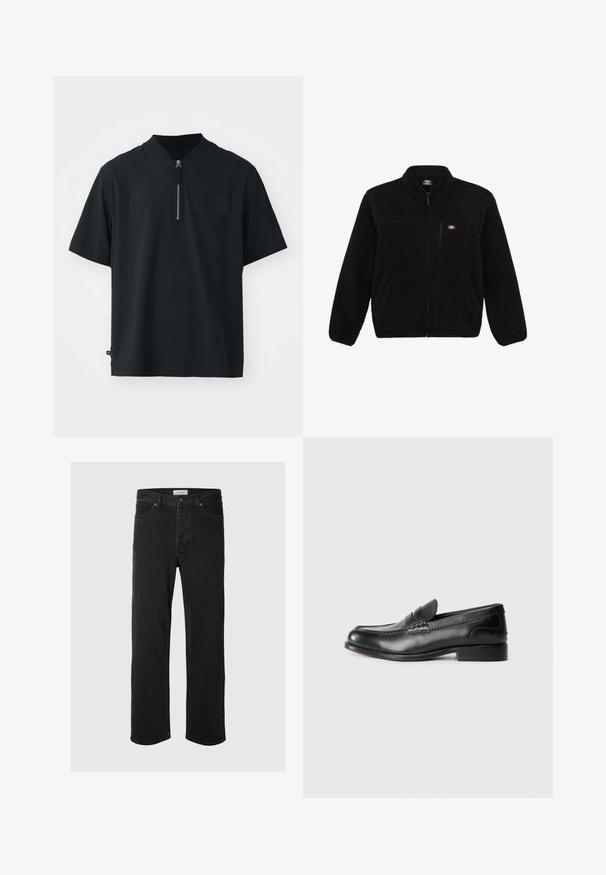 Musta fleece-takki, jossa on vetoketjullinen etuosa, korkea kaulus ja kaksi etupaneelin taskua. Takissa on pieni logo vasemmassa ylärinnassa.; Lyhythihainen musta paita, joka on valmistettu tekstuuratusta kankaasta, pystykraavilla, puolivetoketjulla ja vasemmassa rinnassa on Nike-logo.; Mustat farkut suoranlahkeiset, joissa on klassinen viisi taskua -design, nappisuljenta, minimaalinen ommel ja pehmeä tekstuuri.; Mustat nahka loafersit, joissa on sileä pinta, ommeltu yksityiskohta vampin yli ja hieman kohotettu korko.