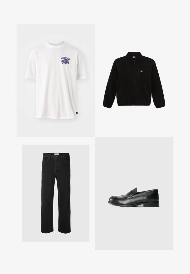 Mustan fliisi jakk, millel on tõmblukuga esiosa, kõrge krae ja kaks eesmist plaastritaskut. Esiküljel on väike logo vasakul rinnal.; Valge puuvillane t-särk lühikeste varrukatega, millel on sinine graafika autot ja "NIKE SB" tekst vasakul rinnal.; Mustad denim sirged püksid on varustatud klassikalise viie taskuga, nupuga kinnitamisega, minimaalse õmblusega ja pehme tekstuuriga.; Mustad mustad nahast loafers, mis on kaunistatud sileda viimistluse, õmblusdetailide ja veidi kõrgendatud kannaga.