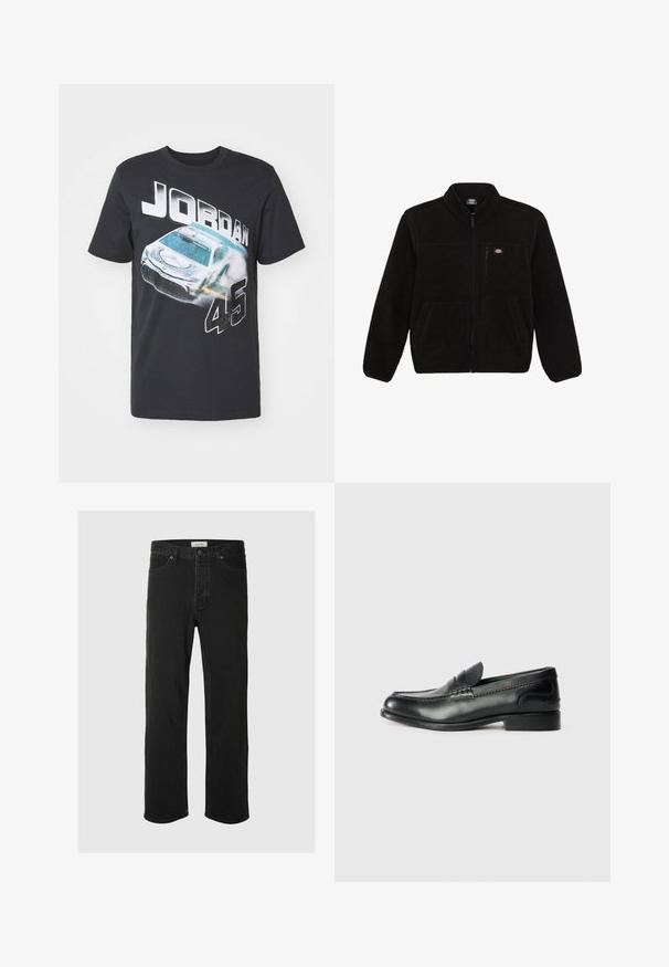 Čierna fleecová bunda so zipsom v prednej časti, vysokým golierom a dvoma prednými vreckami. Obsahuje malé logo na hornej ľavej časti hrude.; Čierne bavlnené tričko s grafikou pretekárskeho auta a textom "JORDAN 45" v tučných bielych písmenách. Krátke rukávy, dizajn s okrúhlym výstrihom.; Čierne džínsové nohavice so rovnými nohavicami majú klasický dizajn s piatimi vreckami, zapínaním na gombík, minimálnym prešívaním a jemnou textúrou.; Čierne kožené loafers s hladkým povrchom, prešívaním cez vampus a mierne vyvýšeným podpätkom.