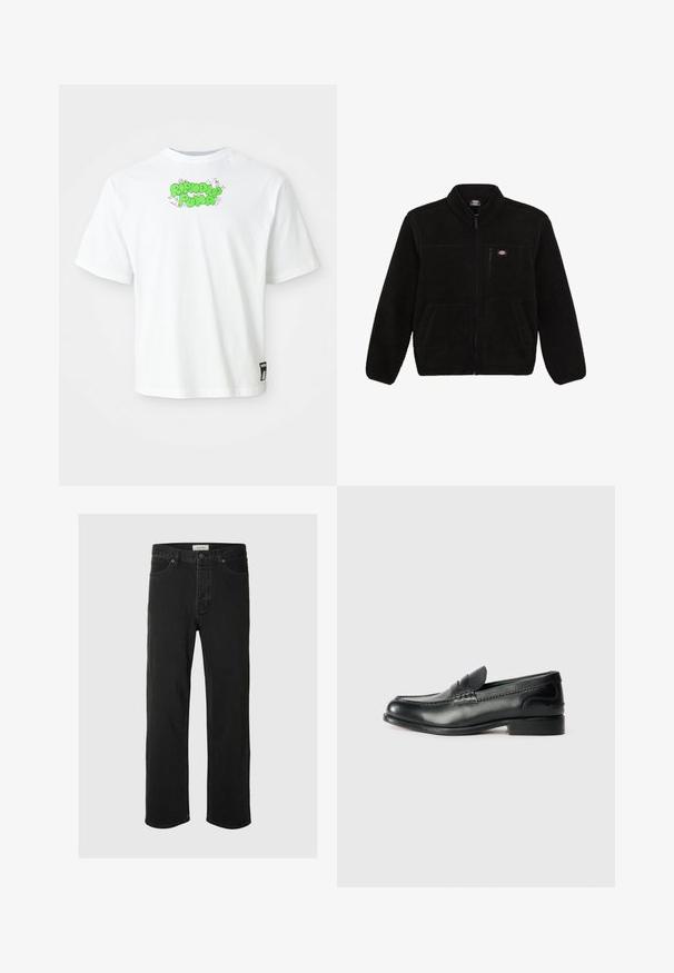 Crna polarna jakna sa zatvaračem sprijeda, visokim ovratnikom i dva prednja džepa. Ima mali logo na gornjem lijevom dijelu prsnog koša.; Bjela majica s kratkim rukavima s zelenim natpisom "Ripndip Pima" i malim ilustracijama crtane mačke blizu izreza i Puma oznakom blizu rub hemlinea.; Crne traperice ravnog kroja s pet džepova imaju klasičan dizajn s kopčanjem na dugme, minimalnim šavovima i mekanom teksturom.; Crne kožne mokasine s glatkom finisiranjem, šivanim detaljima duž gornjeg dijela i lagano povišenim petama.